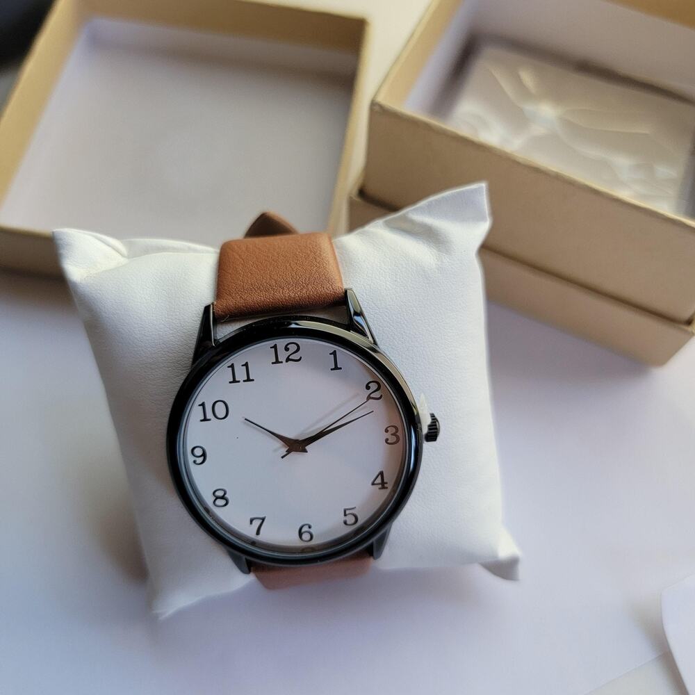 Mens Casual Watch White Dial Black Case Brown Faux Leather Strap Quartz Analog